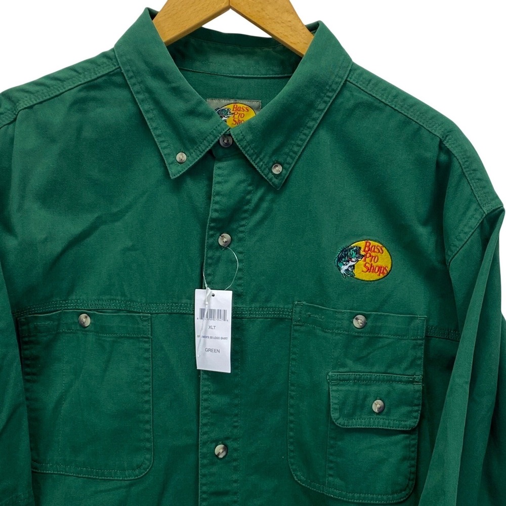Bass Pro Shops Mens Green Short Sleeve Button Up Logo Shirt XLT Stetch NWT